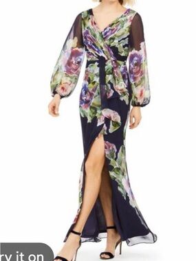 Adrianna Papell Navy Floral Chiffon Maxi Dress